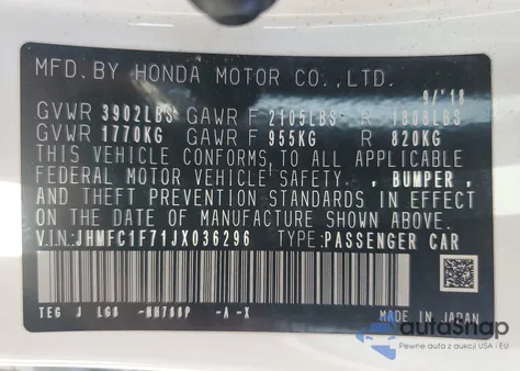 2018 Honda Civic Exl from USA, damaged, VIN JHMFC1F71JX036296
